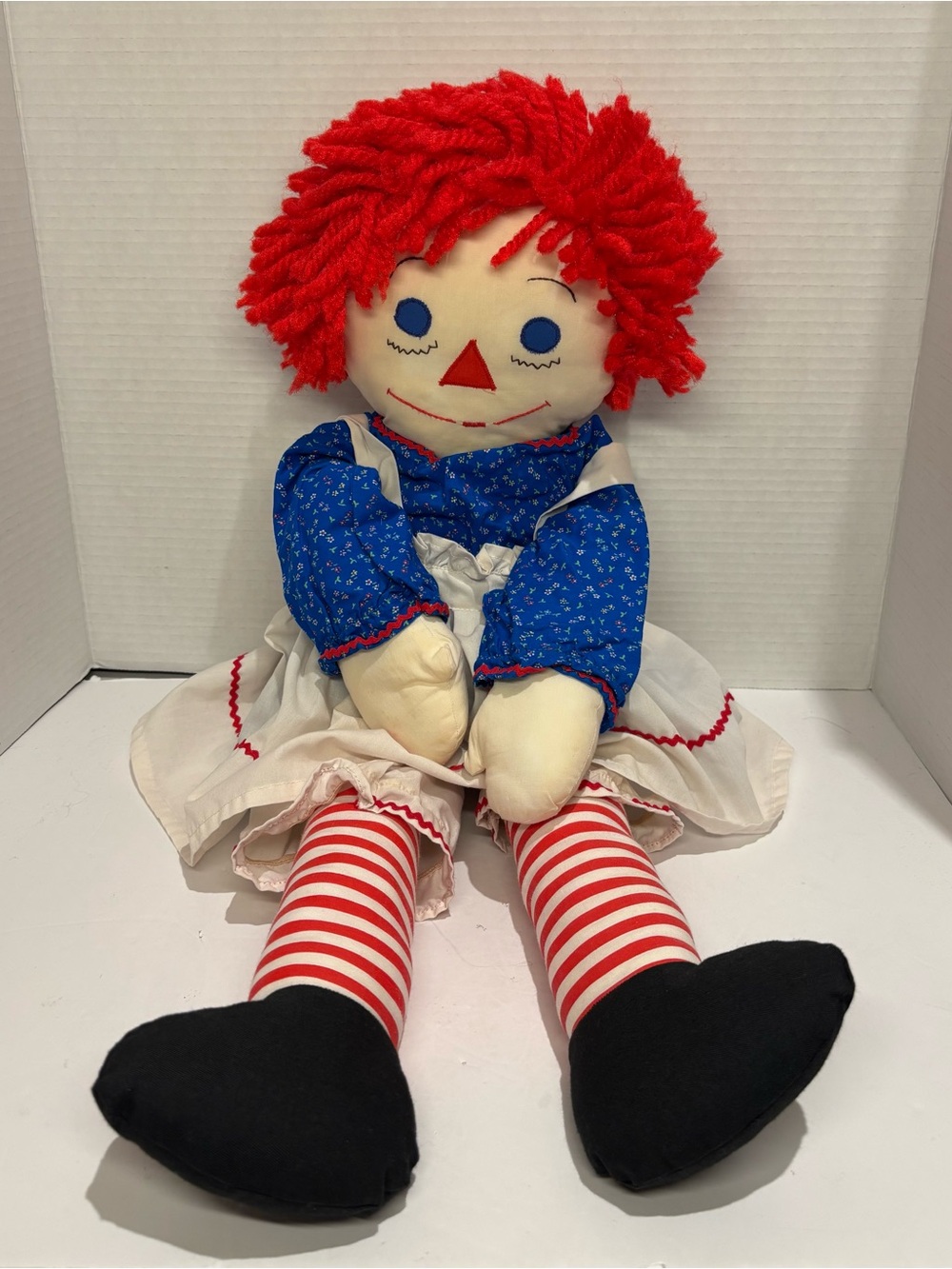 Vintage 24” Raggedy Anne Cloth Doll Folk Art Handmade Red Yarn Hair Floral Dress